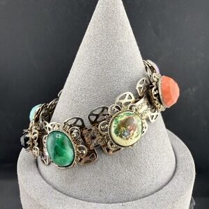 Vintage Bracelet Silver Tone Cabochon Courting Couple  Etruscan Revival 7" READ